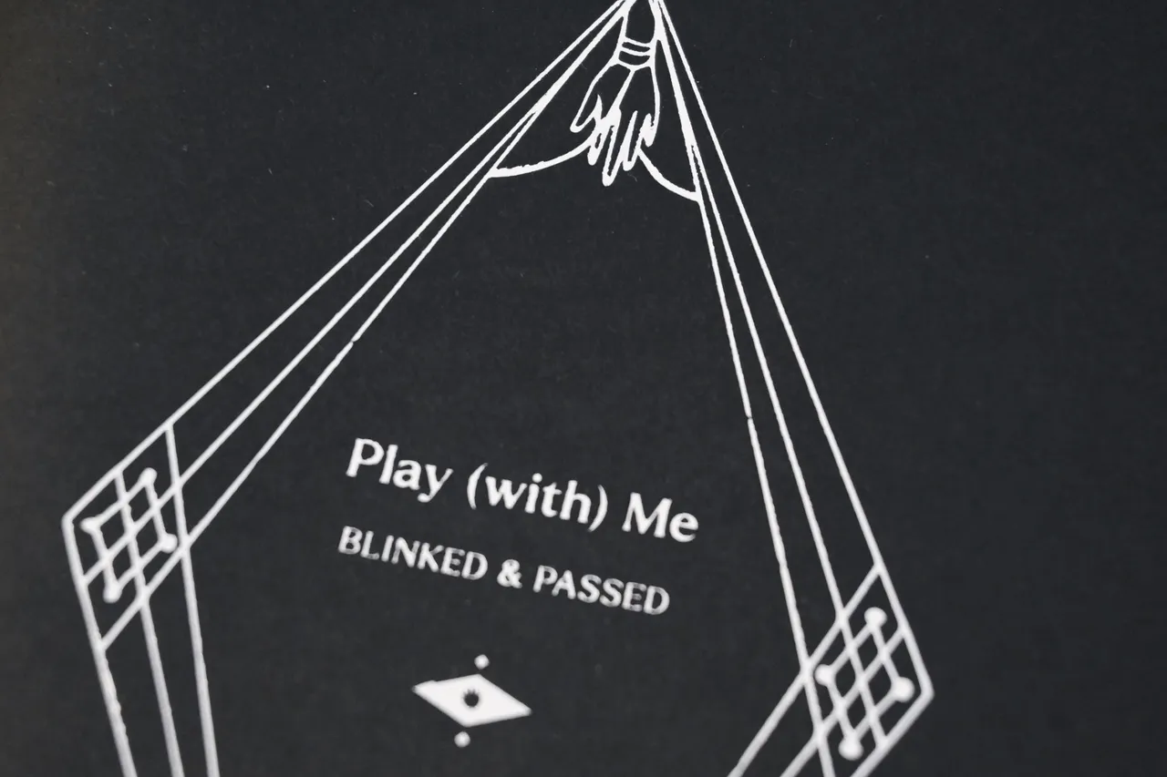 closeup of the cover of play (with) me zine, featuring title and border decorated with tied hand printed with white foil on black paper stock
